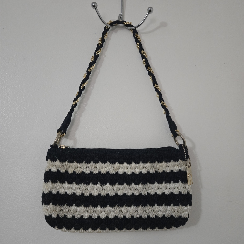 Lina Navy White Striped Crochet Knit Shoulder Bag Baguette Nautical Y2K
